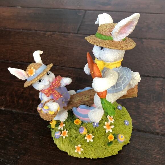 Bunnies on a Seesaw Figure Easter Decor Colorful Spring Polystone? Moveable - Picture 10 of 10